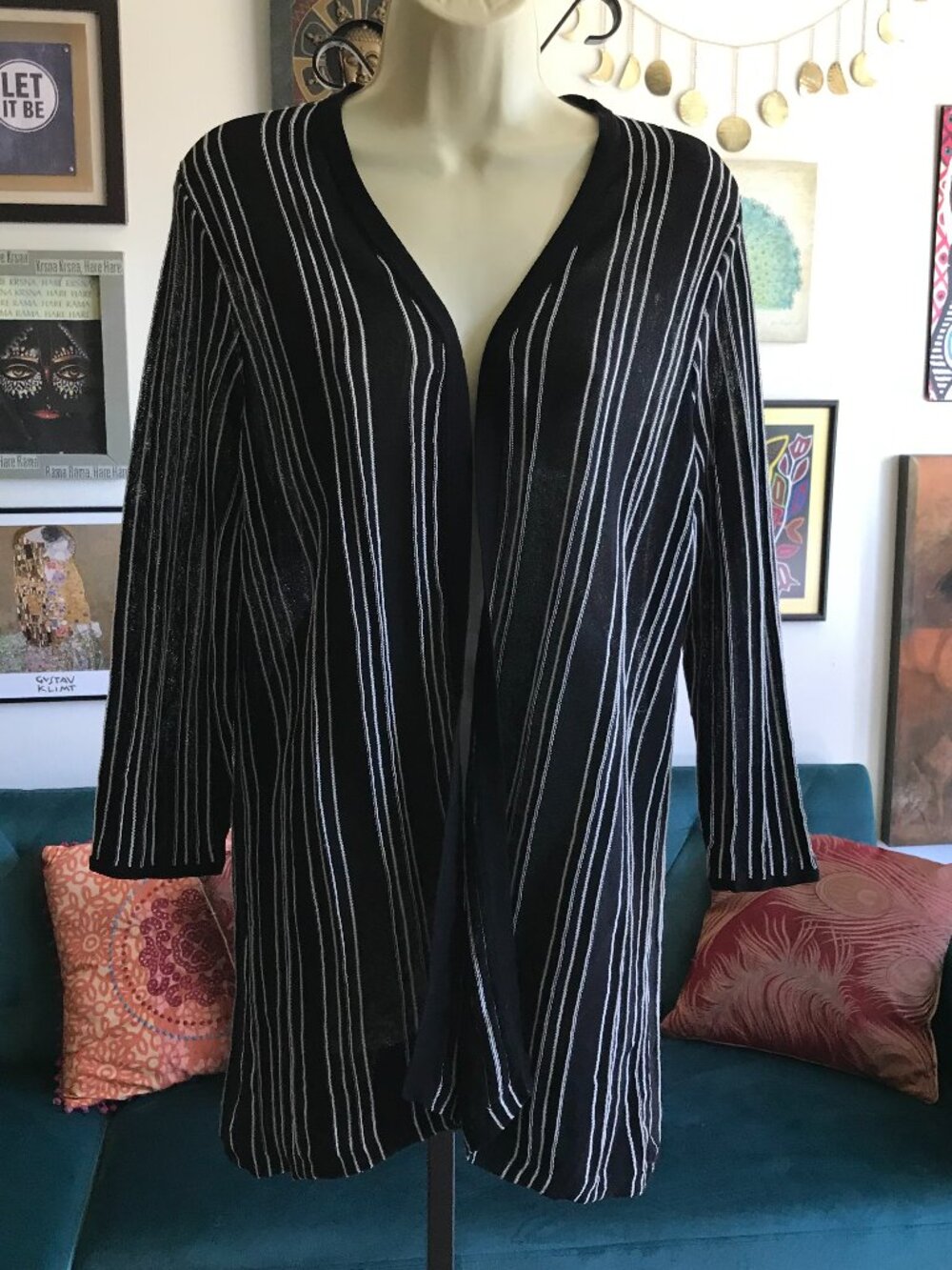 Easywear by CHICO'S size 1 / M Textured Black & White Open Stretch Knit Cardigan